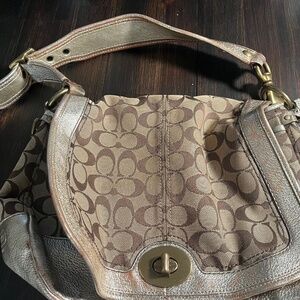 Coach Legacy Signature Shoulder Bag in Khaki Jacquard with Gold Leather Trim